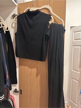 Black Ribbed Mock Neck Crop Top and Matching Pants Set